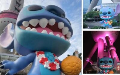En China le dan la bienvenida a Lilo & Stitch con un gigante azul de 13 metros.