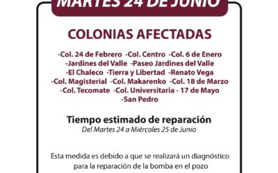 ¡Tome sus precauciones! Jumapag anuncia suspensión del servicio de agua potable en varias colonias de Guasave.