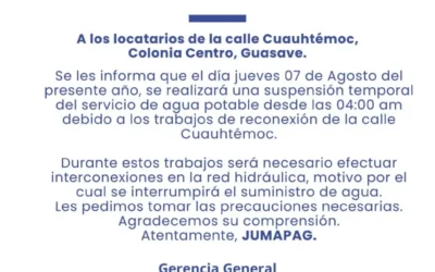JUMAPAG anuncia corte de agua en la calle Cuauhtémoc por trabajos de reparación.