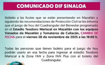 Los juegos del cuadrangular del BIENESTAR en Mazatlán y Los Mochis se posponen por condiciones climatológicas