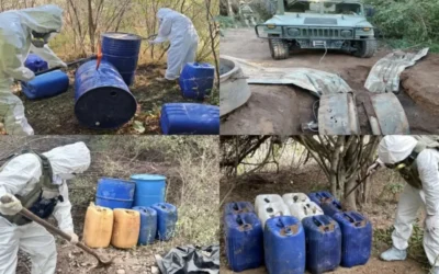 Grupo Interinstitucional localiza e inhabilita 19 áreas clandestinas de almacenamiento de precursores químicos en Culiacán, Badiraguato y Cosalá.