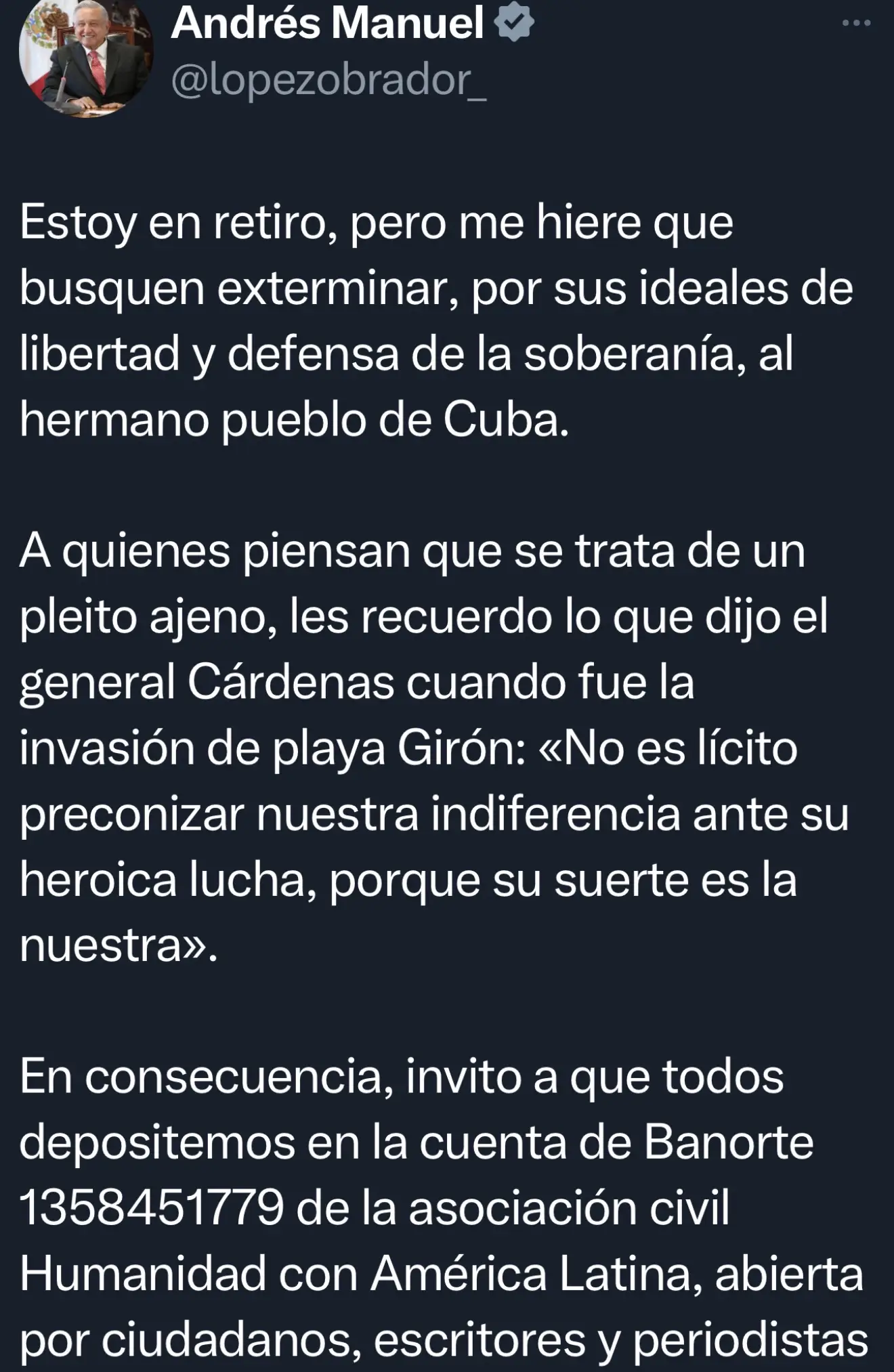Sale en su cuenta de X AMLO en pronunciamiento con relación a Cuba.
