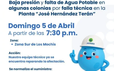 Falla en plata Terán presentará baja presión de servicio de agua en Los Mochis